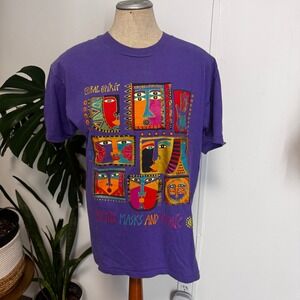 Laurel Burch Global Spirit Shirt Large Purple Myths Masks Magic Vintage 90s USA